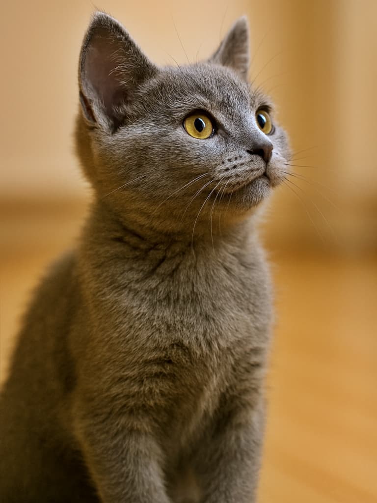 「見上げる瞳に未来のきらめき！」A small Chartreux kitten with a solid gray coat sits indoors, gazing upward with a bright, curious expression. One ear stands tall in crisp focus, the other naturally visible. The kitten’s mouth curves slightly upward, giving a soft, attentive look. The full side profile of its head and upper body is clearly visible, unobstructed, with detailed realistic fur texture under soft warm indoor lighting against a simple background. 室内で座る小さなシャルトリューの子猫（ソリッドグレー）。上を見上げる明るく好奇心に満ちた表情で、片方の耳がくっきりと立ち、もう片方も自然に見える。口元はわずかに上がり、柔らかく注意深い印象を与える。頭部と上半身の横顔が完全に見え、遮るものはなく、柔らかな室内照明の下でリアルな毛並みが細かく描写され、シンプルな背景に映えている