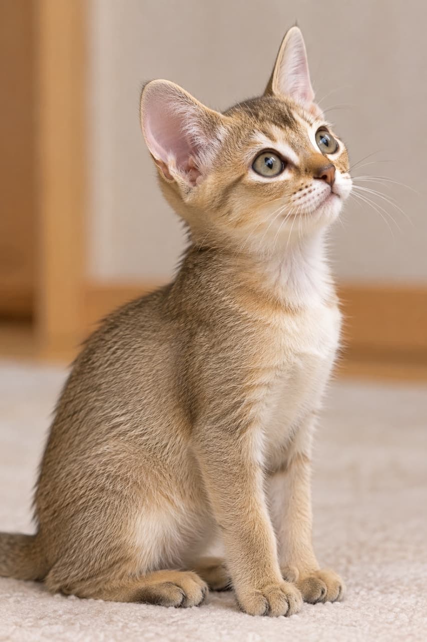 「小さな体に大きな瞳！シンガプーラちゃんのあふれんばかりの好奇心をキャッチ👀」Ultra-realistic high-quality photograph of a Singapura kitten (Sepia Agouti) looking upward in a warm indoor setting. The small body, considered the smallest breed in the world, and its large, almond-shaped green eyes sparkle brightly with light. The detailed texture of its Sepia Agouti ticked tabby fur is highly defined. One ear is standing tall, showing its curious full side profile. The background is a blurred carpet and wall. ウルトラリアルな高画質写真。暖かみのある室内で、上を見上げるシンガプーラの子猫（セピアアグーチ）。世界最小級といわれる小さな体と、大きなアーモンド形のグリーンアイが光を受けてキラキラと輝く様子が印象的。セピアアグーチ独特のティックドタビー模様の被毛が詳細に描写されている。片耳がピンと立ち、好奇心に満ちた横顔の全身が写っている。背景はぼかされたカーペットと壁