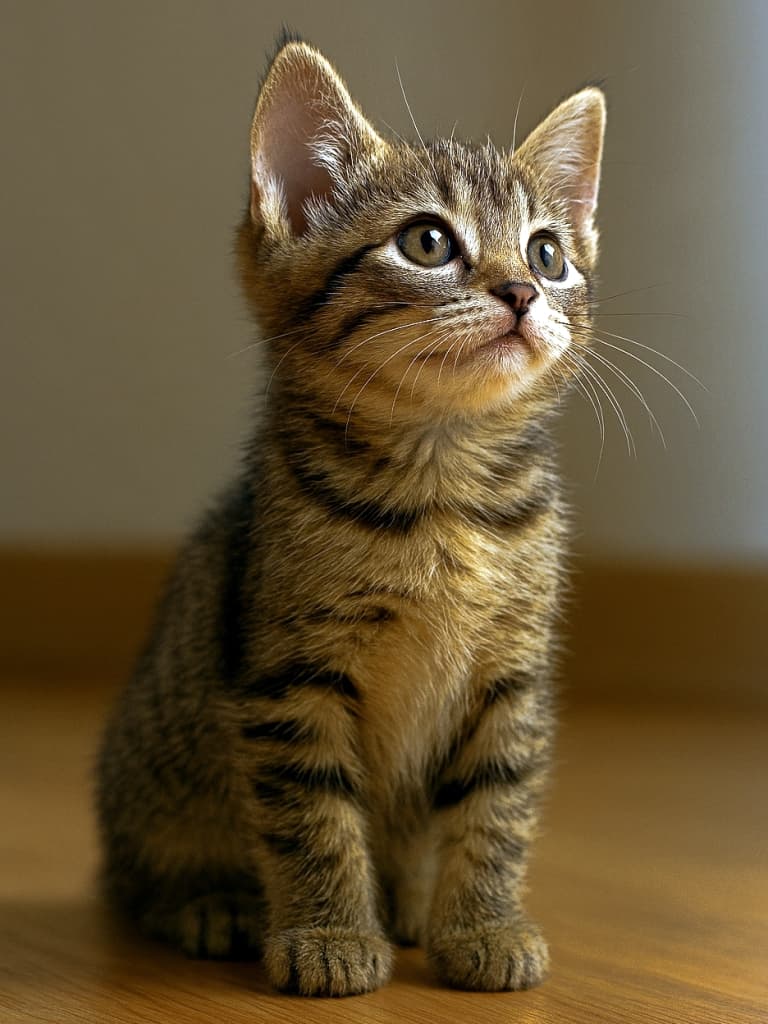 A small tabby kitten sits indoors on a warm wooden floor, gazing upward with one ear tall and alert. Its curious expression and soft fur are gently lit by warm light, with a simple beige background. 室内の暖かい木の床にちょこんと座る小さなトラ柄の子猫。片耳をピンと立てて上を見上げる好奇心いっぱいの表情。柔らかな毛並みが暖かな光に照らされ、背景はシンプルなベージュ色