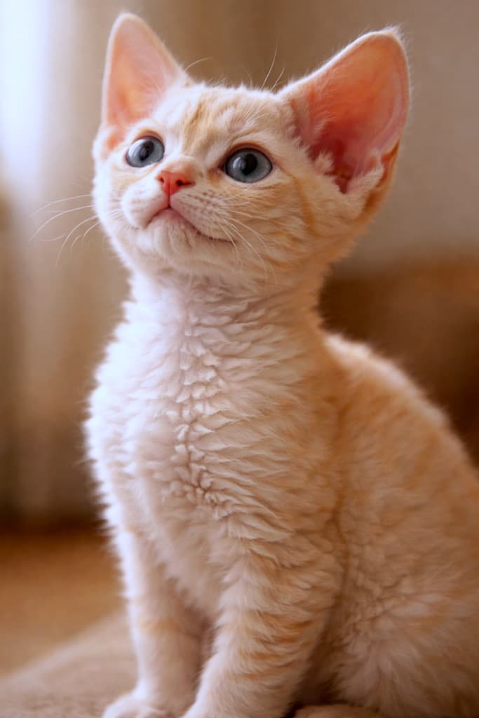 A cream-colored Devon Rex kitten sitting indoors, shown in clear side profile and looking upward with a bright, curious expression under soft warm lighting. 室内で座り、明るく好奇心に満ちた表情で上を見上げるクリーム色のデボンレックスの子猫の横顔