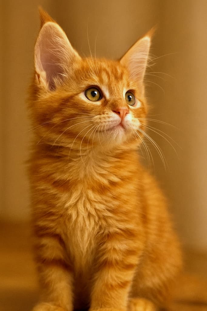 「ちょこんと座ってキョロキョロ♪短毛タビーの子猫が室内で好奇心いっぱいに見上げるよ✨」A short-haired domestic orange tabby kitten sitting indoors under warm light. The kitten looks slightly upward with a curious expression. One ear stands tall, the other naturally visible. The mouth curves gently upward. The side profile of the kitten’s head and upper body is unobstructed. The fur is soft and striped, but lacks the volume and ruff typical of long-haired breeds. 室内で座る短毛のオレンジタビー子猫。暖色の光に包まれ、少し上を見上げる好奇心いっぱいの表情。片耳がくっきりと立ち、もう片方も自然に見えている。口元は柔らかく上がり、頭部と上半身の横顔が遮られずに見える。毛並みは柔らかく縞模様があるが、長毛種特有のフリルや毛量は見られない