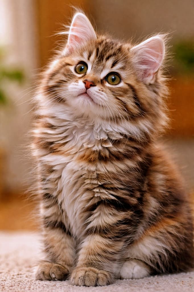 A fluffy Siberian kitten with a tortoiseshell tabby coat sits indoors, looking upward with a bright, curious expression. One ear stands tall in sharp focus while the other is naturally visible, showing detailed long fur and a thick ruff around the neck under soft warm lighting. 室内で座り、明るく好奇心あふれる表情で上を見上げる、ふわふわの長毛を持つサイベリアンの子猫。トーティシェルタビーの被毛と首元の豊かなラフが美しく、片耳はシャープに立ち、もう片方の耳も自然に見えている。やわらかな暖色の室内光で撮影されている