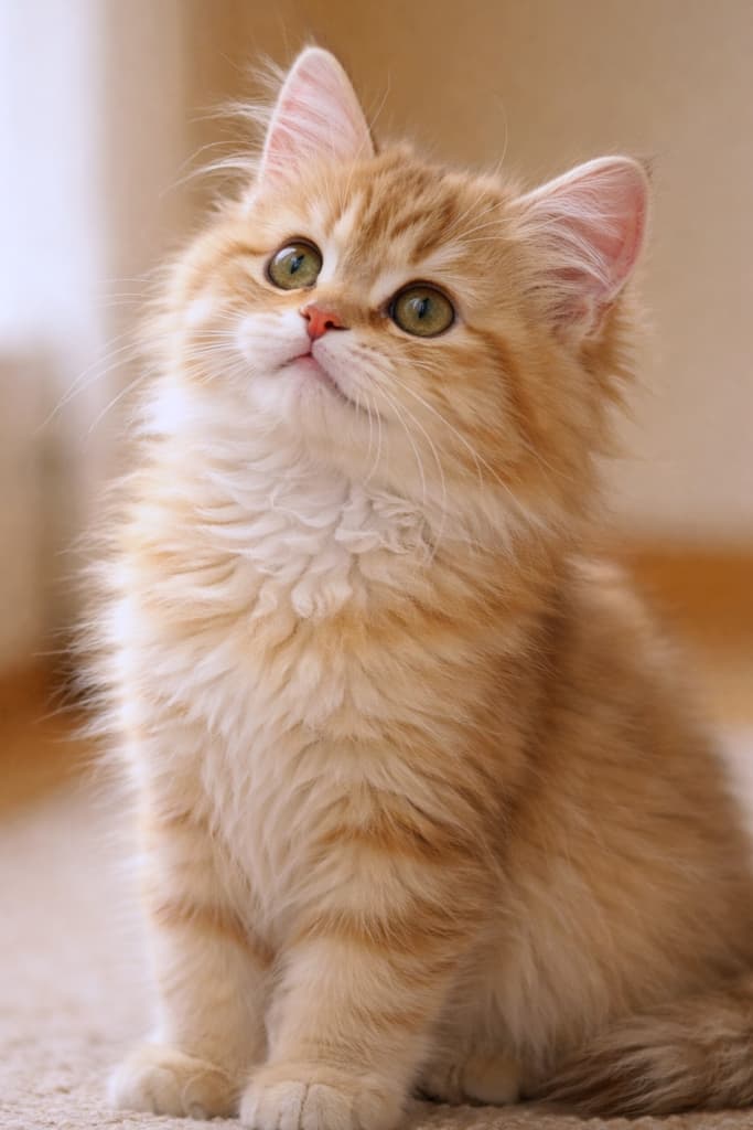 Golden Persian doll face kitten sitting indoors, looking upward with a curious expression, one ear sharply in focus, soft warm lighting and realistic fluffy fur, side profile visible against a simple background 室内で上を見上げるゴールデンのペルシャ（ドールフェイス）の子猫。好奇心あふれる表情で、片耳にピントが合い、柔らかな暖色照明に包まれたふわふわの毛並みがリアルに表現された横顔構図