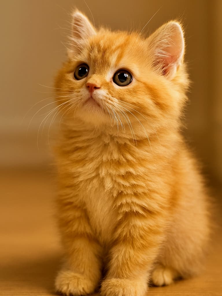 「きらきらの瞳で未来を見上げる、ゴールデンペルシャの子猫。小さな横顔に、好奇心がいっぱい！」Golden Persian kitten (Doll Face) sitting indoors, side profile, looking upward with bright curious eyes. One ear stands tall in crisp focus, the other naturally visible. Mouth curves softly at the corners, attentive expression. Warm indoor lighting highlights detailed realistic fur texture against a simple unobtrusive background. ゴールデンのペルシャ猫（ドールフェイス）の子猫が室内で座り、横顔で上を見上げている。片方の耳がくっきりと立ち、もう片方も自然に見える。口元はやや上がり、柔らかく注意深い表情。暖かい室内照明がリアルな毛並みを際立たせ、背景はシンプルで控えめ