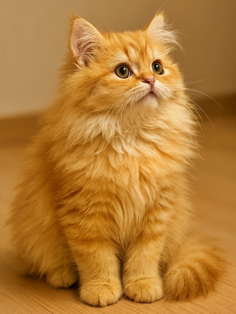 「ふわもこゴールドの視線にキュン♡ 未来を見つめるペルシャ子猫のまなざしに、心とろける！」Golden Persian kitten (Doll Face), long-haired, sitting indoors with upward gaze; fluffy fur around cheeks, neck, chest, and tail; one ear crisp, soft warm lighting, curious expression. 室内で上を見つめるゴールデンのペルシャ子猫（ドールフェイス）。頬・首・胸・しっぽにふわふわの長毛、片耳がくっきり、柔らかな室内光、好奇心あふれる表情