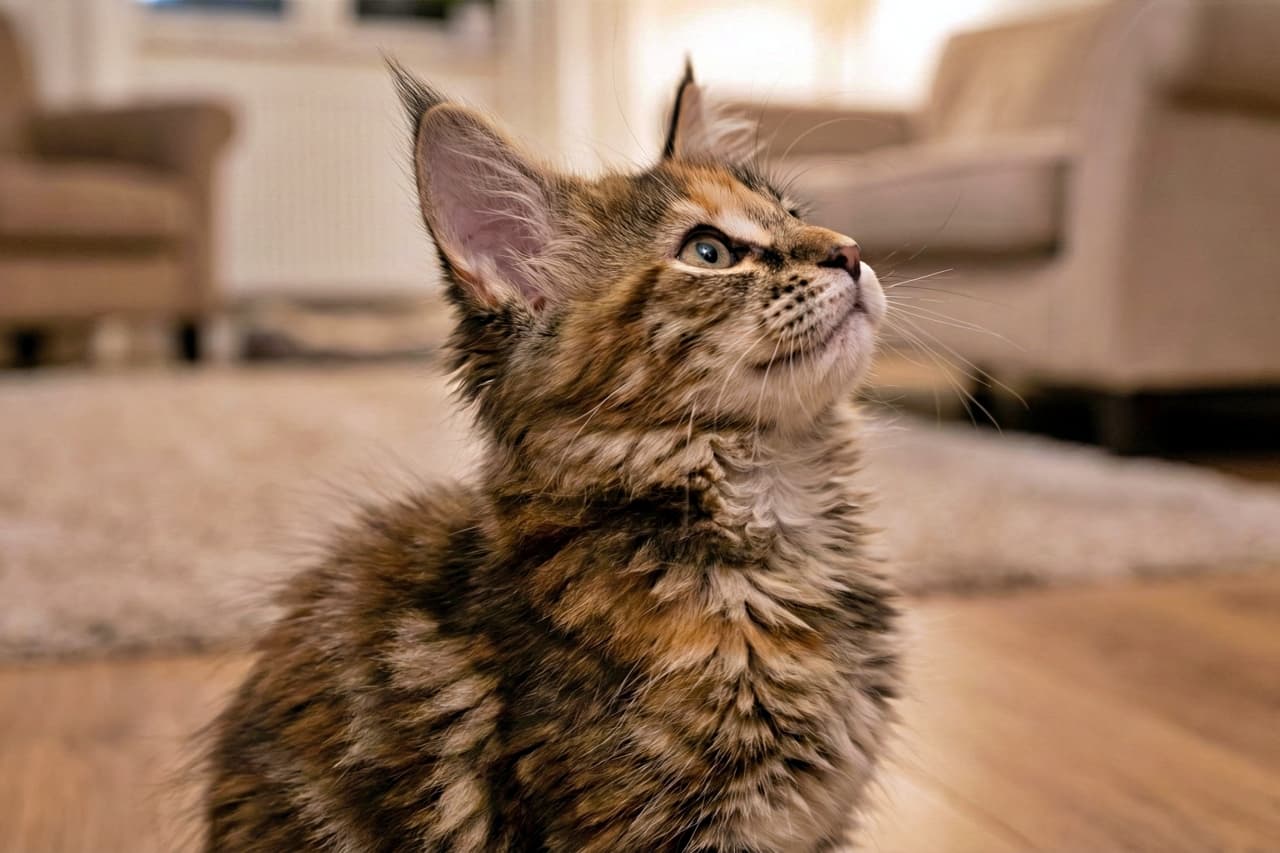A fluffy brown tabby kitten sits indoors on a wooden floor, gazing upward with a bright, curious expression. One ear stands tall and sharply in focus, while the other is gently visible. The kitten’s mouth curves slightly at the corners, giving a soft, attentive look. Its full side profile is clearly shown against a warm, softly lit background with beige furniture and a light rug. ふわふわの茶色いトラ柄の子猫が室内の木の床に座り、明るく好奇心に満ちた表情で上を見上げています。片方の耳はピンと立ち鮮明に写り、もう片方の耳も自然に見えています。口元はわずかに上がり、柔らかく注意深い印象を与えます。子猫の頭部と上半身の横顔がはっきりと映っており、背景にはベージュの家具と明るいラグがある温かみのある室内光が広がっています