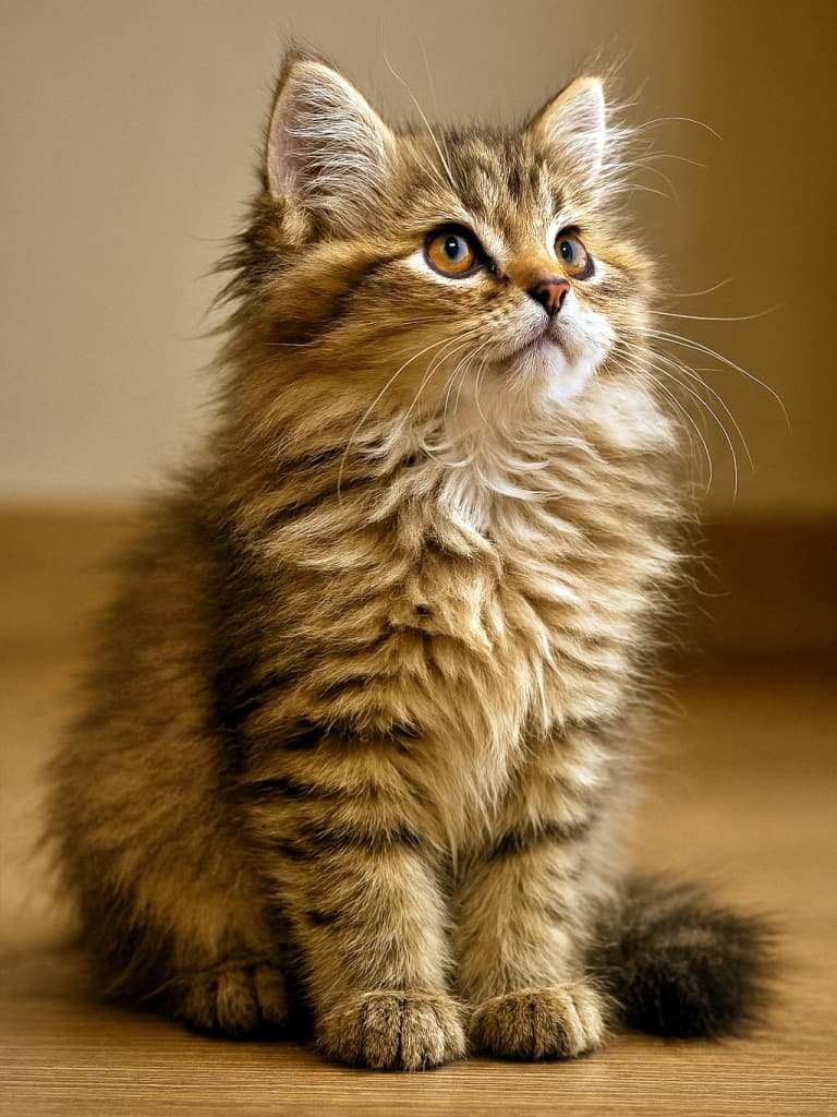「ふわもこ界のニューフェイス☆好奇心いっぱいで、今日も発見の予感♪」A fluffy long-haired kitten sitting indoors, looking upward with one ear perked and a curious expression. Its voluminous fur flows gently around the cheeks, neck, chest, and tail, highlighted by warm lighting and soft shadows. ふわふわ長毛の子猫が室内でちょこんと座り、片耳を立てて上を見上げる。頬・首・胸・しっぽにかけて毛並みがやわらかく広がり、あたたかい光に包まれている