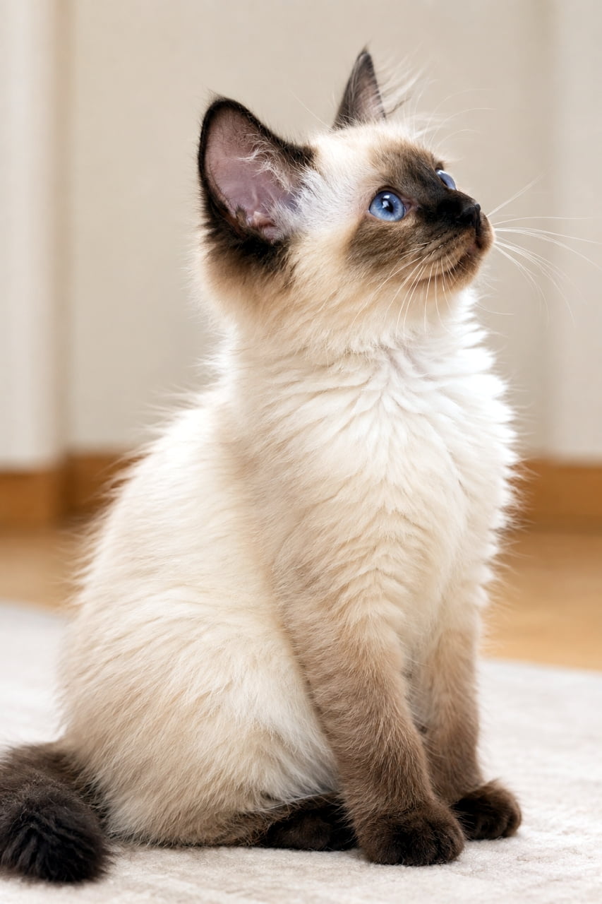 「サファイアブルーの瞳に釘付け💎 バーマンの子猫ちゃん、チョコレートポイントと青い瞳のコントラストが美しすぎる✨ お姫様みたい💕」An ultra-realistic high-quality photograph of a Birman kitten (Chocolate Point) looking upward in soft indoor light. The contrast between its cream-colored fluffy fur and the dark chocolate point color on its face, ears, and legs is striking. Its large, sapphire-blue eyes are sparkling like gems and full of curiosity. With one prominent ear standing tall, its elegant profile full-body is captured against a softly blurred background. 柔らかな室内光の中、見上げるバーマンの子猫（チョコレートポイント）。クリーム色のふんわりとした被毛と、顔、耳、足の濃いチョコレート色のポイントカラーのコントラストが美しい。サファイアブルーの大きな瞳が宝石のように輝き、好奇心に満ちている。片耳がピンと立ち、上品な横顔の全身写真。背景はぼかされた壁と床