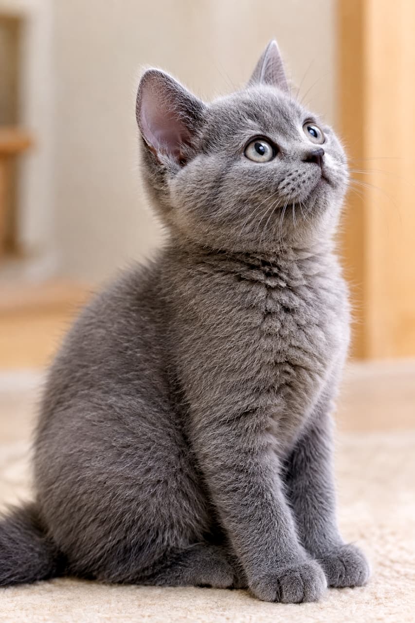 「ふわっふわのブルーの毛並み！この丸いフォルムとキラキラの瞳、反則級のかわいさ🐾」Ultra-realistic high-quality photograph of a British Shorthair kitten (Blue) looking upward in a bright indoor setting. Its dense, fluffy blue-grey fur is softly rendered with light, highlighting its round body shape. Its large, copper eyes sparkle with interest. One ear is standing tall, showing its adorable full side profile. The background is a soft-focus wooden wall. ウルトラリアルな高画質写真。明るい室内で、上を見上げるブリティッシュショートヘアの子猫（ブルー）。密度の高い、ふわふわとした青灰色の被毛が光を受けて柔らかく描写され、丸みのある体型が際立つ。大きなオレンジ色の瞳がキラキラと輝き、興味深げに見つめている。片耳がピンと立ち、愛らしい横顔の全身が写っている。背景はソフトフォーカスの木製の壁