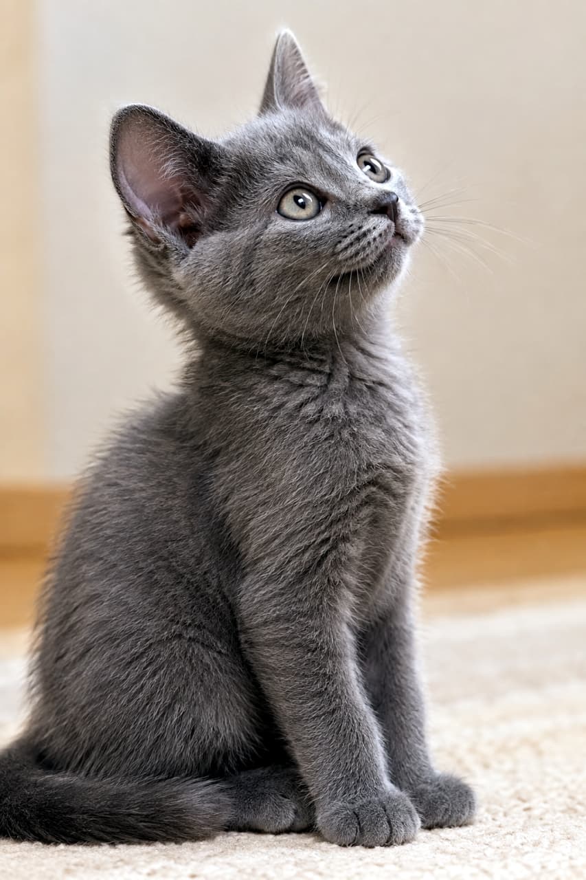 「グレーの被毛にオレンジの瞳✨ シャルトリューの子猫ちゃん、優しく見上げるその表情に癒される～💕 何を思ってるのかな？💭」An ultra-realistic high-quality photograph of a Chartreux kitten (Solid Gray) looking upward in a warm, softly lit room. The texture of its dense, soft gray coat is highly detailed, and its large, round orange eyes sparkle with light. With a slight upward curve at the mouth, it shows an adorable, gentle full side profile. A full-body shot of the kitten sitting on a soft carpet, against a blurred wood-grain wall background. 暖かみのある室内光の中で、見上げるシャルトリューの子猫（ソリッドグレー）。密度の高い、柔らかなグレーの被毛の質感が詳細に描写され、大きな丸いオレンジ色の瞳が光を受けて輝いている。口元がわずかに上がり、微笑むような横顔が愛らしい。柔らかいカーペットに座る全身写真。背景はぼかされた木目の壁