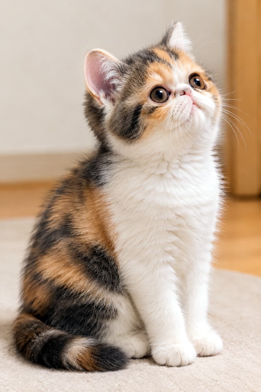 「まん丸お顔とペチャ鼻がたまらない💖 三毛柄のエキゾチックショートヘアちゃん、見上げる表情が最高にかわいい🐾」An ultra-realistic high-quality photograph of an Exotic Shorthair kitten (Calico) looking upward in a softly lit room. Its characteristic short, flat nose, round face, and large copper eyes are striking. The plump coat with vivid black, brown, and white calico patterns is meticulously detailed. A full side profile shot of the charming kitten sitting on a soft carpet. 柔らかな光の室内で、上を見上げるエキゾチックショートヘアの子猫（キャリコ・三毛）。特徴的な短く潰れた鼻と丸い顔立ち、大きなカッパー色の瞳が印象的。黒、茶、白の鮮やかな三毛模様のふっくらとした被毛が克明に描写されている。カーペットの上に座る愛嬌たっぷりの横顔の全身写真