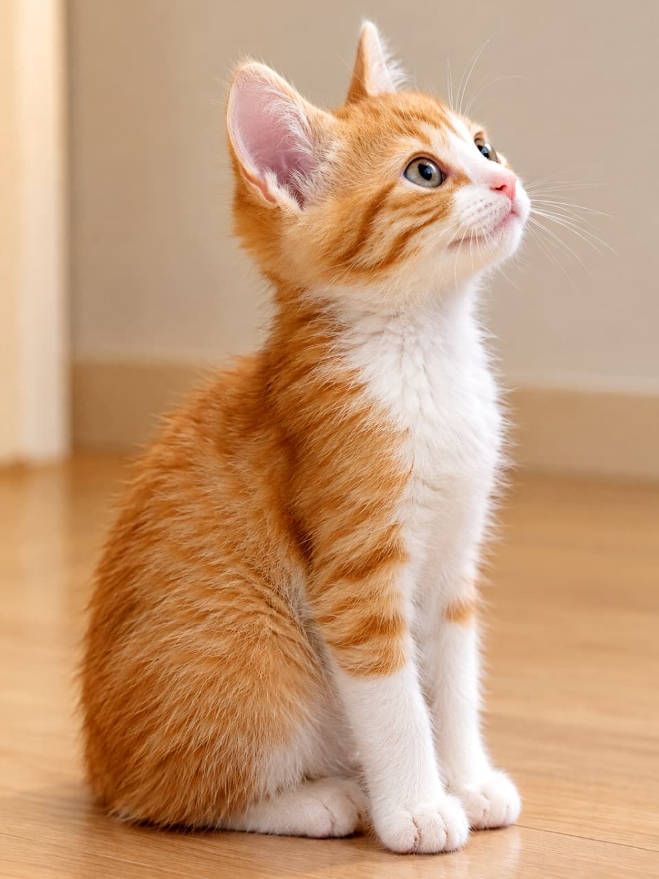「元気いっぱいの茶白の子猫ちゃん✨ 上を見つめるキラキラの瞳から目が離せない！一緒に遊びたくなっちゃうね🐈」An ultra-realistic high-quality photograph of a Japanese Domestic kitten (Orange Tabby and White) looking upward in a bright indoor setting. The contrast between its vibrant orange tabby pattern and bright white chest and paws is beautiful, and its clear pale green eyes sparkle with curiosity. The full side profile, featuring prominently standing ears and a slightly open mouth, is captured against a soft-focus wood-grain background. 明るい室内で、上を見つめる日本猫の子猫（茶白・オレンジタビー＆ホワイト）。鮮やかな茶トラ模様と真っ白な胸元や足先のコントラストが美しく、澄んだ淡いグリーンの瞳が好奇心に輝いている。ピンと立った耳と少し開いた口元が愛らしい横顔を捉えた、ソフトフォーカスされた木目背景の全身写真