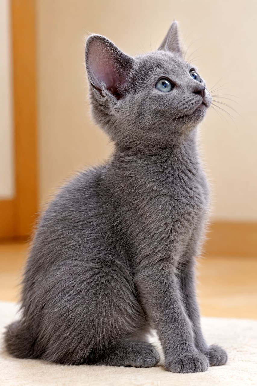 「澄んだグリーンの瞳に吸い込まれそう！おすまし横顔も完璧なロシアンブルーちゃん💎」Ultra-realistic high-quality photograph of a Russian Blue kitten (Solid Blue) sitting indoors and looking upward. The texture of its short, dense silver-grey fur is highly detailed, and its clear green eyes sparkle with light. One ear is prominently standing tall, and its mouth has a slight upward curve. The full side profile of its head and upper body is clearly visible against a soft-focus wooden background. ウルトラリアルな高画質写真。明るく清潔な室内で、上を見上げるロシアンブルーの子猫（ソリッドブルー）。銀灰色に輝く短く密な被毛の質感が詳細に描写され、澄んだグリーンの瞳が光を受けてキラキラと輝いている。片耳がピンと立ち、口元はわずかに上がっている。横顔の全身がはっきりと写り、背景はソフトフォーカスの木製の壁