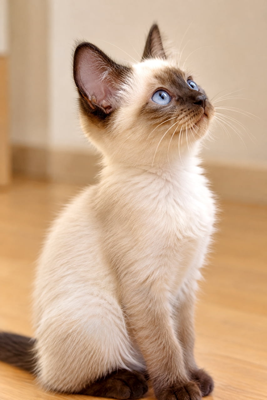 「サファイアのような青い瞳！シャム猫の気品と子猫の愛らしさが同居する一枚✨」Ultra-realistic high-quality photograph of a Siamese kitten (Seal Point) looking upward in a softly lit indoor environment. The contrast between its cream-colored fur and the dark brown point color on its ears, face, and paws is beautiful. Its deep, clear blue eyes are fixed upward, full of curiosity. One ear is standing tall, showing its elegant full side profile. The background is a blurred wooden floor and wall. ウルトラリアルな高画質写真。柔らかな光が差し込む室内で、見上げるシャム猫（シールポイント）の子猫。クリーム色の被毛と、耳、顔、足のダークブラウンのポイントカラーのコントラストが美しい。深く透き通った青い瞳（ブルーアイ）が上方の何かを捉え、好奇心に満ちている。片耳が立ち、上品な横顔の全身が写っている。背景はぼかされた木製の床と壁