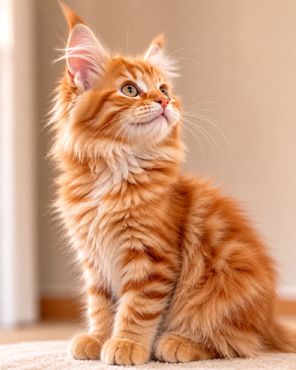 「上になにかあるにゃ？おめめキラキラなメインクーンちゃん🐈✨ 好奇心旺盛すぎて、見てるこっちがワクワクしちゃう！💕 #メインクーン #子猫 #猫のいる幸せ #猫のいる暮らし」Ultra-realistic high-quality photograph of a small single Maine Coon Red Tabby kitten sitting on a white carpet indoors. The kitten is looking upward with a bright, curious expression, one ear prominently tall and focused. The detailed, realistic texture of its fluffy, long fur, thick neck ruff, and tufted ears are clear under soft warm indoor lighting against a simple, unobtrusive background.超リアルな最高画質の写真。白いカーペットの上に座るメインクーンの茶トラ（レッドタビー）の子猫。大きな耳をピンと立て、キラキラした瞳で上を見上げている。口角が少し上がった愛らしい表情。柔らかい暖かみのある屋内光が差し込み、ふわふわした長い被毛の質感や、特徴的な首周りの飾り毛（ラフ）まで鮮明に描写されている。背景はシンプルで目立たない　