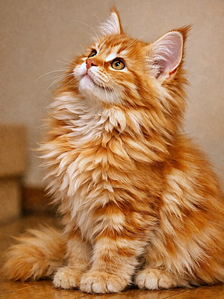 A small long-haired red tabby Maine Coon kitten sitting indoors, looking upward with a bright and curious expression. The kitten’s fluffy, voluminous fur is highly detailed, with one ear standing tall in sharp focus under soft warm indoor lighting. 室内で座り、明るく好奇心あふれる表情で上を見上げる、長毛のレッドタビーのメインクーン子猫。ふわふわでボリュームのある被毛が細部まで描写され、片耳がピンと立った状態で柔らかな室内光に包まれている