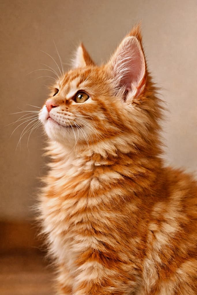 A fluffy red tabby Maine Coon　kitten sitting indoors, looking upward with alert ears and a calm, curious expression.　室内で座り、耳を立てて上を見上げる赤茶色のふわふわしたメインクーンの子猫。落ち着いた表情で好奇心を感じさせる
