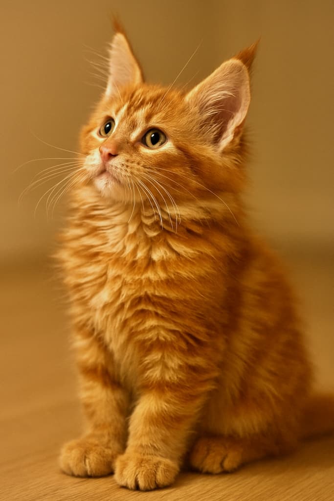 Red tabby Maine Coon kitten sitting indoors, gazing upward with one ear sharply focused and a soft, curious expression. Long, fluffy fur with visible tabby striping and lynx-tipped ears, illuminated by warm indoor lighting against a simple background. 室内で座るレッドタビーのメインクーン子猫。片耳が鮮明に写り、柔らかく好奇心に満ちた表情で上を見上げている。暖かい室内光に照らされ、縞模様の長いふわふわの毛とリンクスティップの耳が際立つ、シンプルな背景の写真