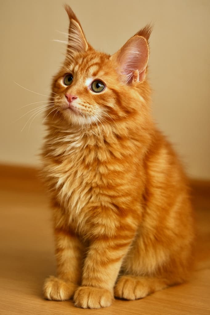 「ふわふわのたてがみでおすまし☆好奇心いっぱいのレッドタビー子猫！」A photorealistic Maine Coon kitten, red tabby, sits indoors under warm lighting. The kitten gazes upward with a curious, bright expression. One ear stands tall with lynx tips, the other naturally visible. Its long, voluminous fur forms a lion-like mane around the neck and chest, with clear tabby striping and color variation. The full side profile of the head and upper body is unobstructed against a simple background, highlighting the fluffy coat and attentive look.　室内で座るレッドタビーのメインクーン子猫。柔らかな暖色の光に照らされ、好奇心に満ちた明るい表情で上を見上げている。片耳はピンと立ち、先端にはリンクスティップがあり、もう片方も自然に見える。首元から胸にかけてライオンのたてがみのような長い毛が広がり、縞模様と色の変化がリアルに表現されている。背景はシンプルで、頭部と上半身の横顔がはっきりと際立っている
