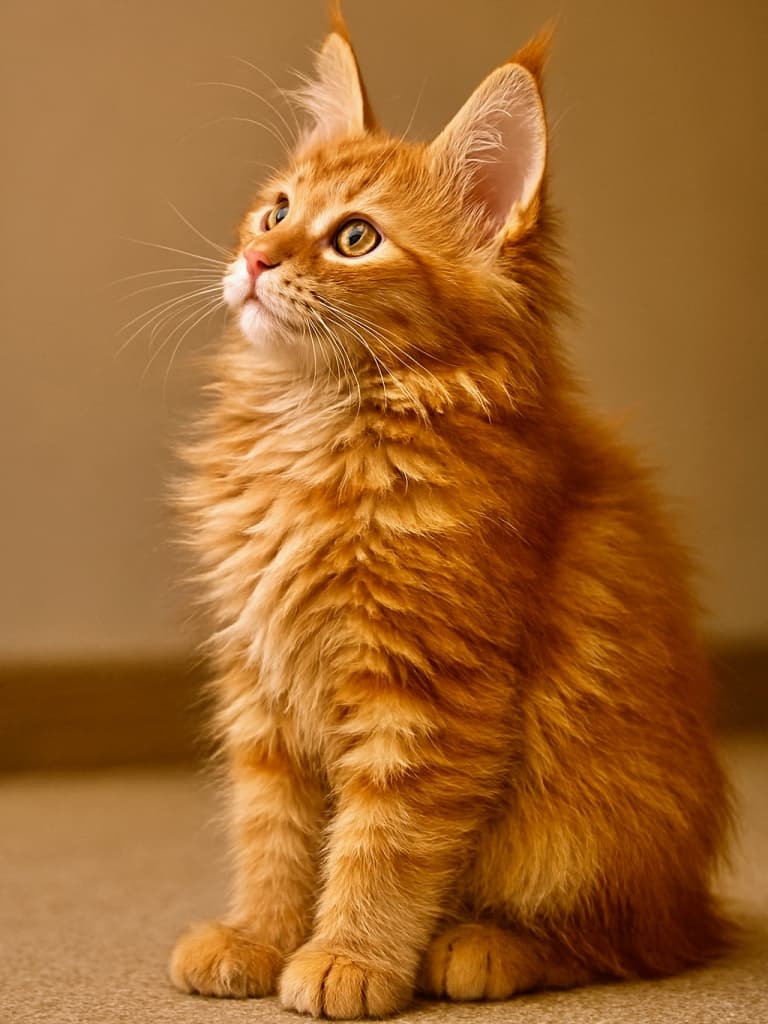 「ふわふわロングヘアが輝く！好奇心いっぱいの赤毛タビー子猫、見上げる姿がたまらない♡」A photorealistic Maine Coon kitten, Red Tabby, long-haired, sitting indoors with fluffy fur emphasized around cheeks, neck, chest, and tail. The kitten looks upward with a curious, bright expression, one ear tall and crisp, the other naturally visible. Warm indoor lighting highlights the detailed long-hair texture, with gentle shadows and a simple background. 室内で座るメインクーンの赤毛タビー子猫。長い毛が頬・首・胸・尻尾にふんわりと強調され、好奇心に満ちた明るい表情で上を見上げています。片耳はピンと立ち、もう片耳も自然に見えます。柔らかな室内照明が長毛の質感を細かく照らし、優しい影とシンプルな背景が調和しています