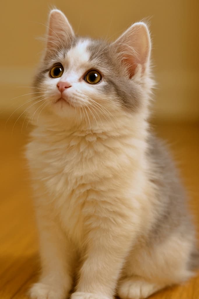 A fluffy white and gray Minuet kitten sits indoors on a wooden floor, gazing upward with one ear prominently raised and a curious, gentle expression. The kitten’s thick fur around the neck and chest and its rounded face with large amber eyes are clearly visible in side profile. ふわふわの白とグレーのミヌエット子猫が室内の木の床に座り、片耳を立てて穏やかで好奇心に満ちた表情で見上げている。首元と胸元の密な毛並み、大きな琥珀色の瞳を持つ丸い顔が横向きで鮮明に映っている