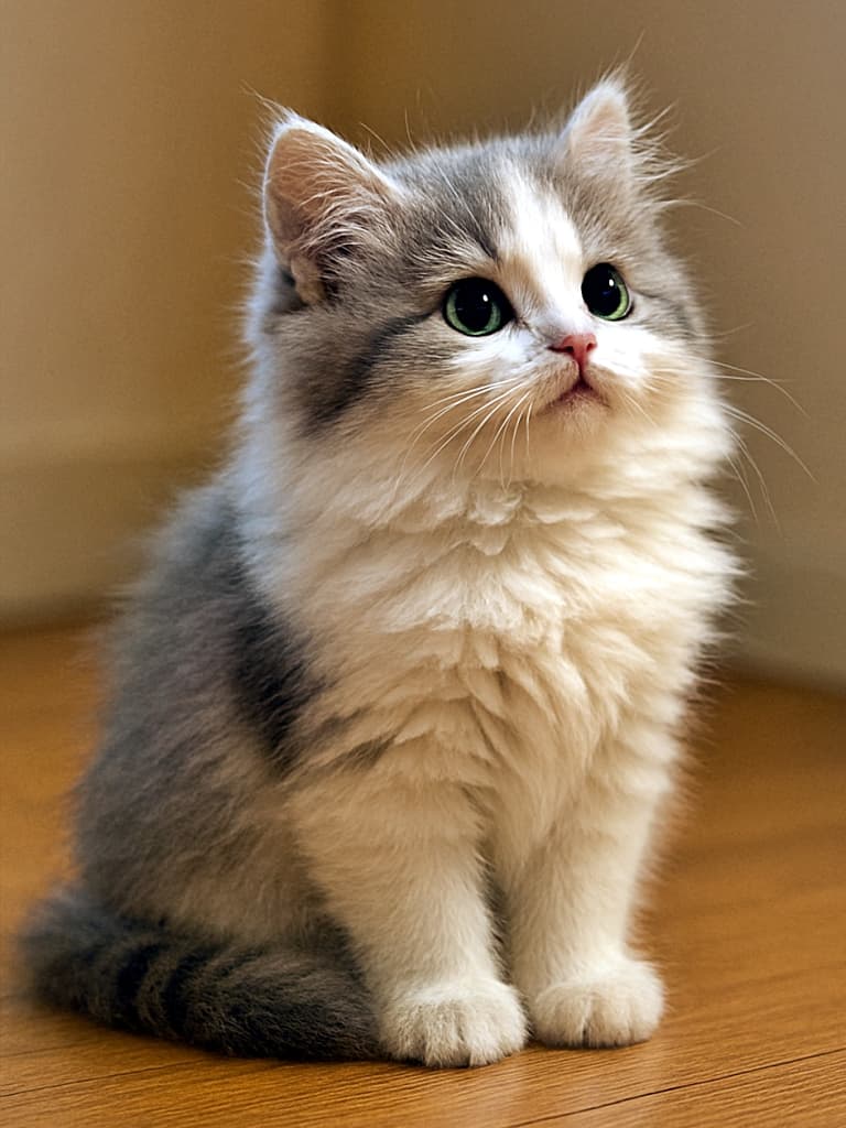 Fluffy white and gray Minuet kitten sitting indoors, looking upward with a curious expression. Its round face, thick neck ruff, and voluminous tail are clearly visible in warm lighting. 室内で座っている白とグレーのふわふわなミヌエット子猫。丸い顔と豊かな首回りの毛、ふさふさの尻尾が暖かい光の中で際立ち、好奇心に満ちた表情で上を見上げている