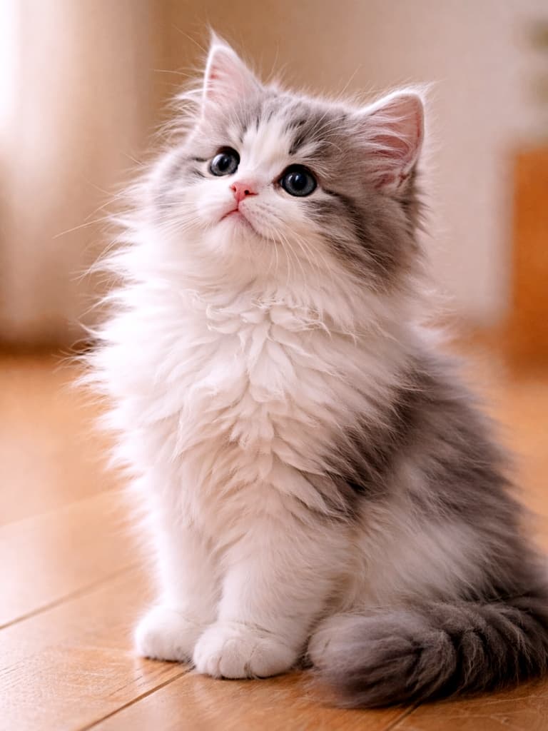 A fluffy long-haired Minuet kitten in white and gray sitting indoors, looking upward with a bright and curious expression, softly lit by warm indoor light. 室内で座り、明るく好奇心に満ちた表情で上を見上げる、白とグレーの長毛ミヌエットの子猫
