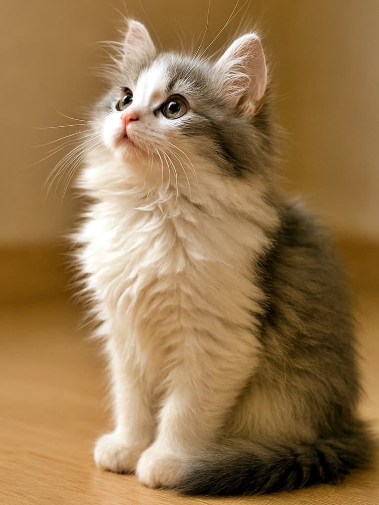 「「ねえねえ、あそこに何かあるかも！」ふわふわミヌエット、発見モードでおすまし中♪」A fluffy white and gray Minuet kitten with long fur sits indoors, gazing upward with a curious expression. One ear stands tall, and soft lighting highlights the voluminous fur around its cheeks, neck, and chest. ふわふわの白とグレーの長毛ミヌエット子猫が室内でちょこんと座り、好奇心いっぱいに上を見つめている。片耳がピンと立ち、頬や首元の毛並みがやわらかな光に包まれている