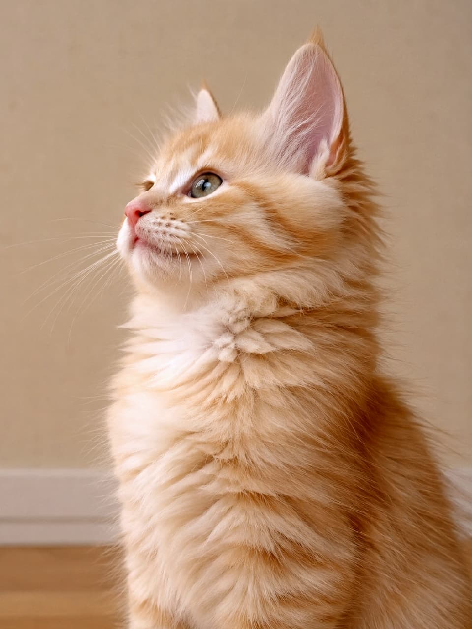 「柔らかいクリーム色のふわもこボディとキラキラおめめ…！上を見つめる横顔に胸キュンです🐾✨ #ノルウェージャンフォレストキャット #子猫 #猫のいる暮らし」Ultra-realistic high-quality photograph of a small long-haired Norwegian Forest Cat kitten with cream tabby fur, sitting indoors and looking upward with a bright, curious expression. Features hazel-green eyes, a thick neck ruff, tufted ears in crisp focus, and a clear side profile under soft warm indoor lighting against a simple background. 柔らかな室内光の中、クリームタビー（淡い茶トラ）のノルウェージャンフォレストキャットの子猫が好奇心いっぱいに左上を見上げる横顔。繊細でふわふわとした長毛、首周りの豊かな飾り毛（ラフ）、ピンと立った大きな立ち耳が特徴的です。澄んだ瞳と微笑むような口元が温かみのあるシンプルな背景に美しく映えています