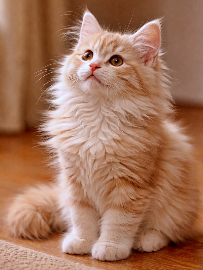 A cream tabby Norwegian Forest Cat kitten with long fluffy fur sitting indoors and looking upward with a bright, curious expression under warm soft lighting. 室内で座り、ふわふわの長毛をまとったクリームタビーのノルウェージャンフォレストキャットの子猫が、明るく好奇心に満ちた表情で上を見上げている様子