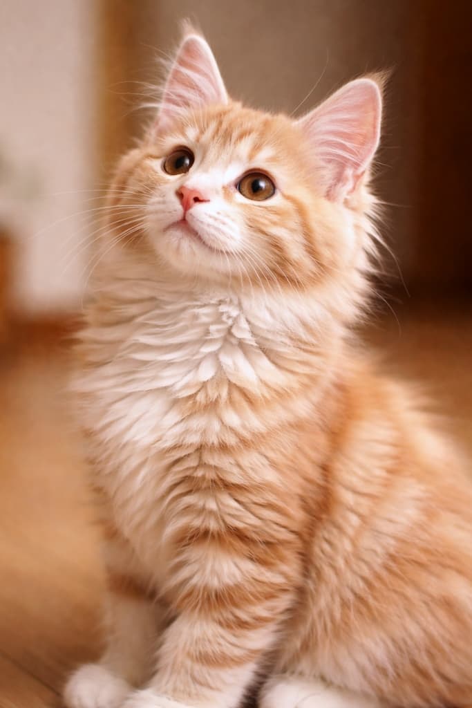 A cream tabby Norwegian Forest Cat kitten sitting indoors, looking upward with a bright and curious expression. One ear stands tall in sharp focus, with soft warm indoor lighting and a simple unobtrusive background. 室内で座り、明るく好奇心に満ちた表情で上を見上げるクリームタビーのノルウェージャンフォレストキャットの子猫。片耳がはっきりと立ち、やわらかな暖色の室内光に包まれている