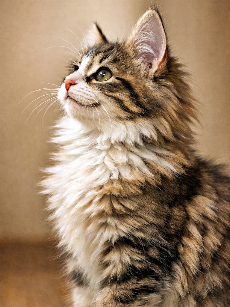 A small long-haired Norwegian Forest kitten sitting indoors, shown in clear side profile, looking upward with a bright and curious expression under soft warm lighting. 室内で座り、横顔のシルエットがはっきり見えるノルウェージャンフォレストキャットの長毛子猫が、やわらかな暖色照明の中で興味深そうに上を見上げている様子