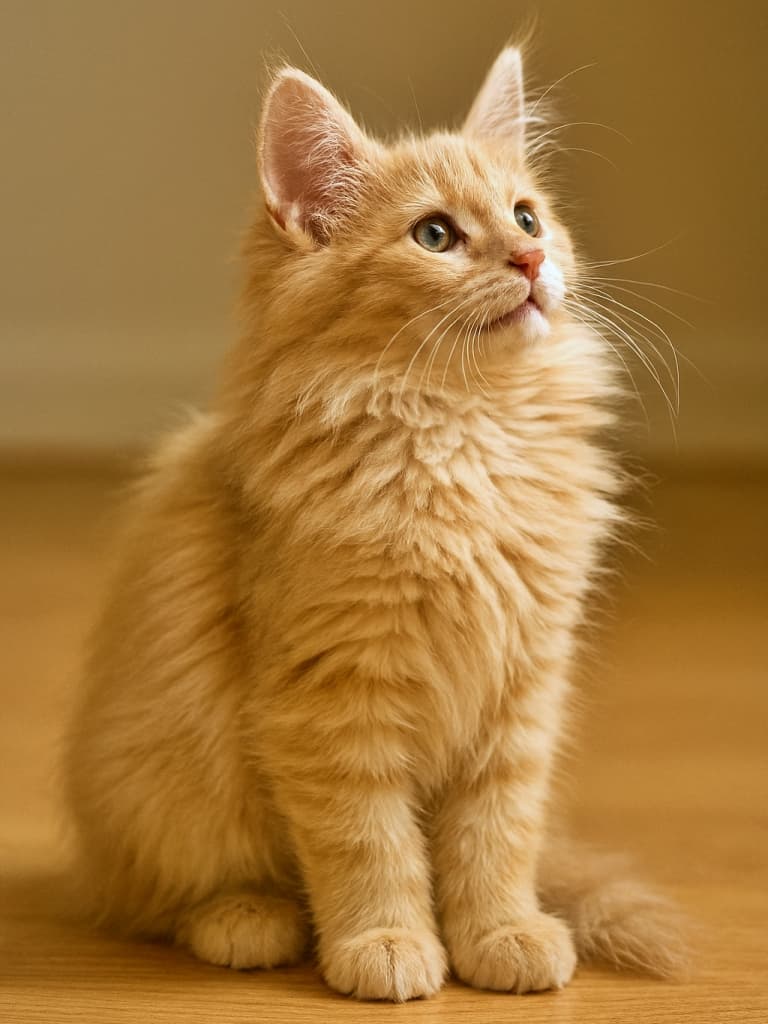 「ふわふわの毛並みが輝く！好奇心いっぱいに見上げるノルウェージャンフォレストの子猫、かわいさ全開✨」A cream tabby Norwegian Forest Cat kitten, long-haired, sitting indoors with fluffy fur emphasized around cheeks, neck, chest, and tail. The kitten looks upward with a bright, curious expression. One ear stands tall in crisp focus, the other naturally visible. The mouth curves softly upward, giving an attentive look. Full side profile of head and upper body unobstructed, under soft warm indoor lighting with gentle shadows and a simple background. 室内で座るクリームタビーのノルウェージャンフォレストキャットの子猫。長毛が頬・首・胸・尻尾にふんわりと強調され、上を見上げる好奇心いっぱいの表情。片耳は鮮明に立ち、もう片方も自然に見える。口元はやや上向きで柔らかく attentive な印象。頭部と上半身の横顔が遮られず、暖かい室内照明と柔らかな影、シンプルな背景