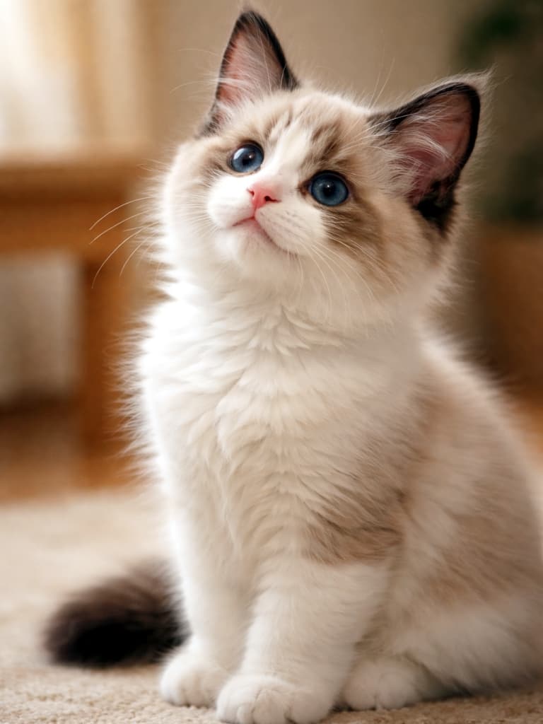 A small Ragdoll kitten with seal point bicolor markings sitting indoors, looking upward with a bright and curious expression, one ear standing tall in sharp focus under soft warm lighting. 室内で座り、明るく好奇心に満ちた表情で上を見上げるシールポイントバイカラーのラグドール子猫。片耳がピンと立ち、柔らかな暖色の照明に包まれている