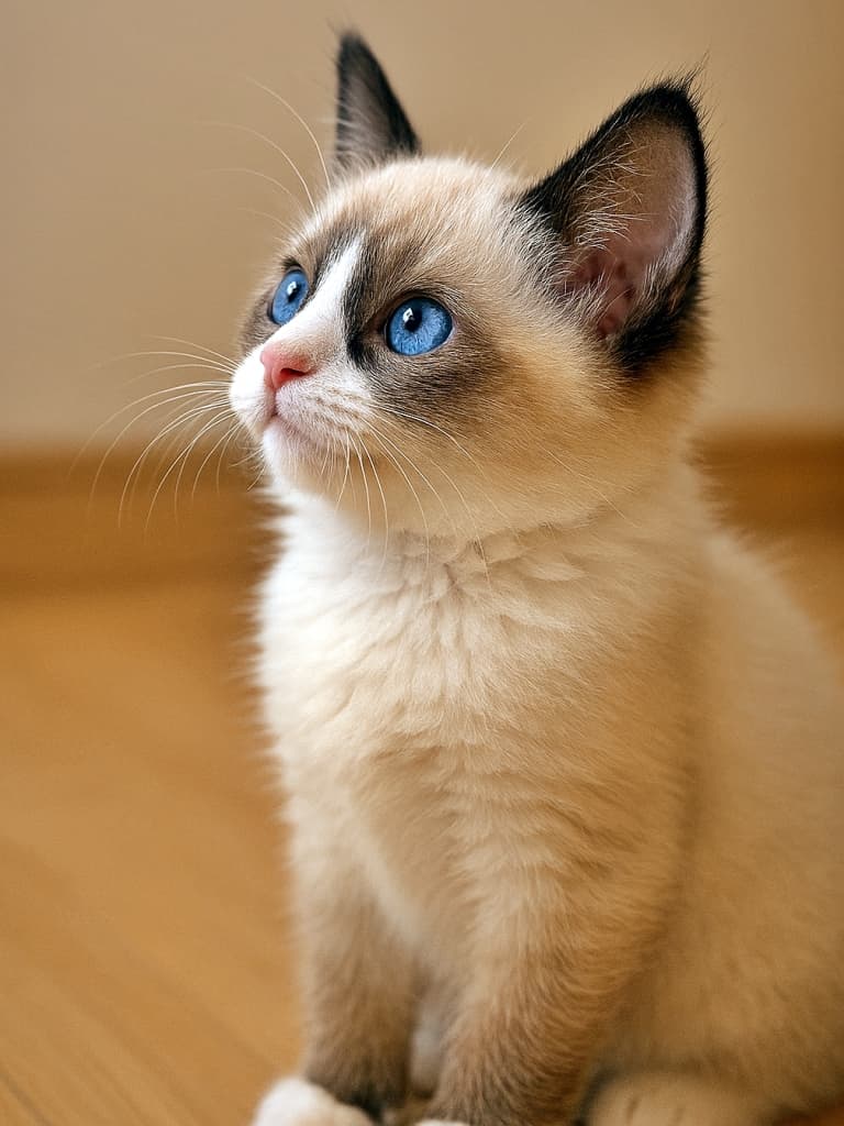 A small Ragdoll kitten with seal point bicolor markings sits indoors, gazing upward with a curious expression. One ear stands tall and sharply focused, while the other is naturally visible. The kitten’s soft cream and brown fur is illuminated by warm indoor lighting, with its side profile clearly shown against a simple background. シールポイント・バイカラーのラグドール子猫が室内で座り、好奇心いっぱいの表情で上を見つめている。片方の耳はピンと立ち鮮明に写り、もう片方も自然に見えている。クリームとブラウンの柔らかな毛並みが暖かい室内光に照らされ、シンプルな背景の中で横顔がはっきりと描かれている