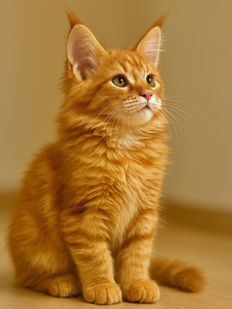 Red tabby Maine Coon kitten sitting indoors, gazing upward with one ear sharply focused and a soft, curious expression. The fluffy mane and lynx-tipped ears highlight the breed’s long-haired features against a warm, simple background. 室内で座り、上を見上げるレッドタビーのメインクーン子猫。片耳がくっきりと映り、柔らかく好奇心に満ちた表情。ふわふわのたてがみとリンクスティップの耳が、長毛種らしい特徴を際立たせている。背景は暖かくシンプル