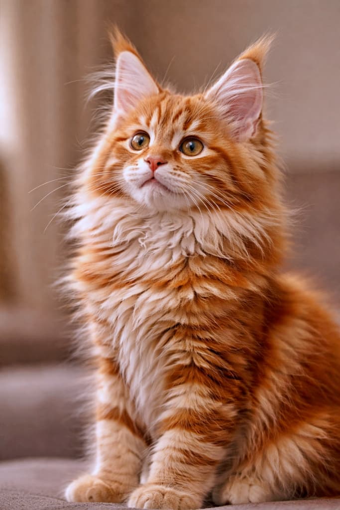 A long-haired red tabby Maine Coon kitten sitting indoors, looking upward with a bright and curious expression. The kitten has thick, voluminous fur with a lion-like mane around the neck, prominent lynx-tipped ears, and a soft upward curve at the corners of the mouth. Warm indoor lighting highlights the realistic fur texture against a simple background. 室内に座る長毛のレッドタビーのメインクーンの子猫。明るく好奇心に満ちた表情で上を見上げており、首元にはライオンのたてがみのような豊かな毛並みが広がっている。リンクスティップのある耳と、口角がわずかに上がった穏やかな表情が特徴で、暖かい室内光がリアルな毛並みを美しく引き立てている