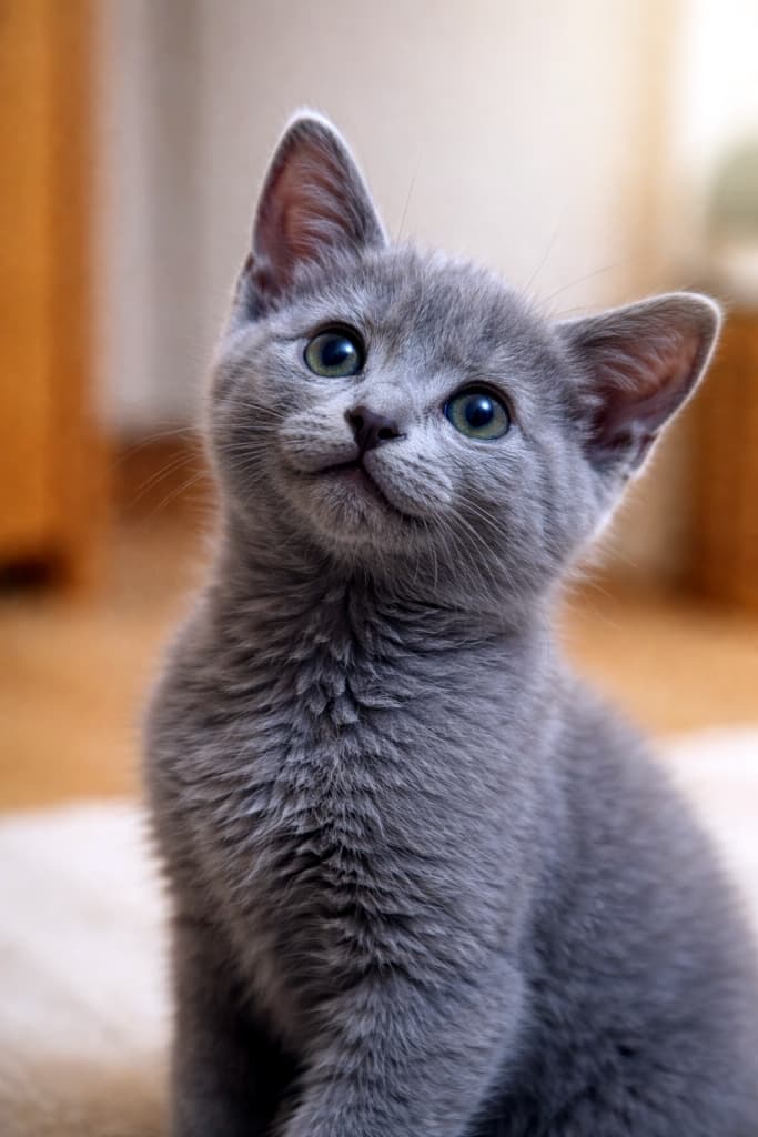 A small Russian Blue kitten sitting indoors, shown in a clear side profile, looking upward with a bright and curious expression. One ear stands tall in sharp focus, with soft warm indoor lighting and a simple unobtrusive background. 室内で座り、明るく好奇心に満ちた表情で見上げているロシアンブルーの子猫。片耳がはっきりと立ち、横向きの頭部と上半身が鮮明に写っている、暖かい室内光のシンプルな背景の写真
