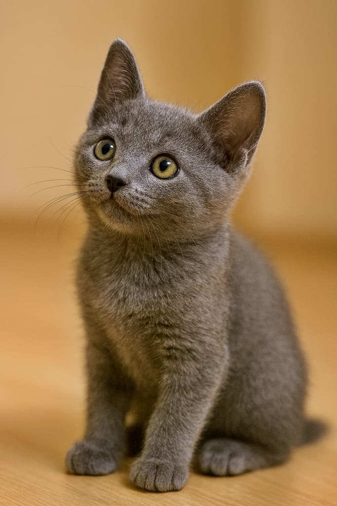 「キラキラ好奇心☆ロシアンブルーの横顔に胸キュン！」A photorealistic Russian Blue kitten with a solid blue-gray coat sits indoors under soft warm lighting. The kitten looks upward with a bright, curious expression. One ear stands tall in crisp focus, the other naturally visible. Its mouth curves gently upward at the corners, giving a soft attentive look. The full side profile of the kitten’s head and upper body is clearly visible, unobstructed, against a simple background. 室内で柔らかな暖色の光に照らされた、フォトリアルなロシアンブルーの子猫。青灰色の毛並みが美しく、上を見上げる好奇心いっぱいの表情。片方の耳がくっきりと立ち、もう片方も自然に見える。口元はわずかに上がり、柔らかく注意深い印象を与える。頭部と上半身の横顔がはっきりと見え、背景はシンプルで邪魔するものはない