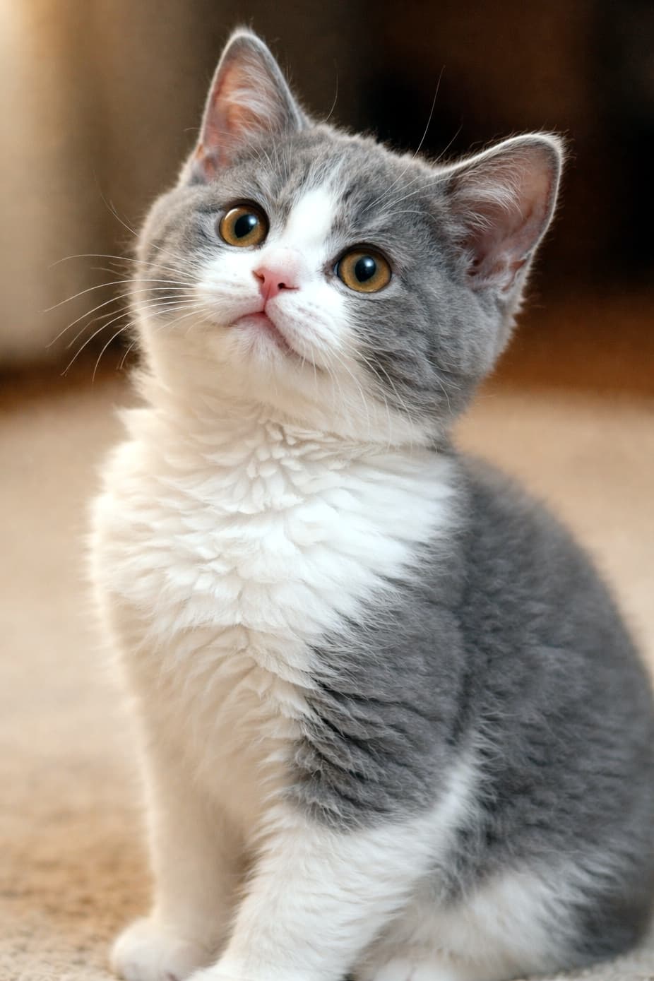 A small blue and white Selkirk Rex shorthair kitten sitting indoors, looking upward with a bright and curious expression. One ear stands upright in sharp focus while the other is naturally visible, under soft warm indoor lighting with a simple background. 室内で座り、明るく好奇心に満ちた表情で上を見上げるブルー＆ホワイトのセルカークレックス（短毛）の子猫。片方の耳がはっきりと立ち、もう一方の耳も自然に見えており、やわらかな暖色の室内光とシンプルな背景に包まれている