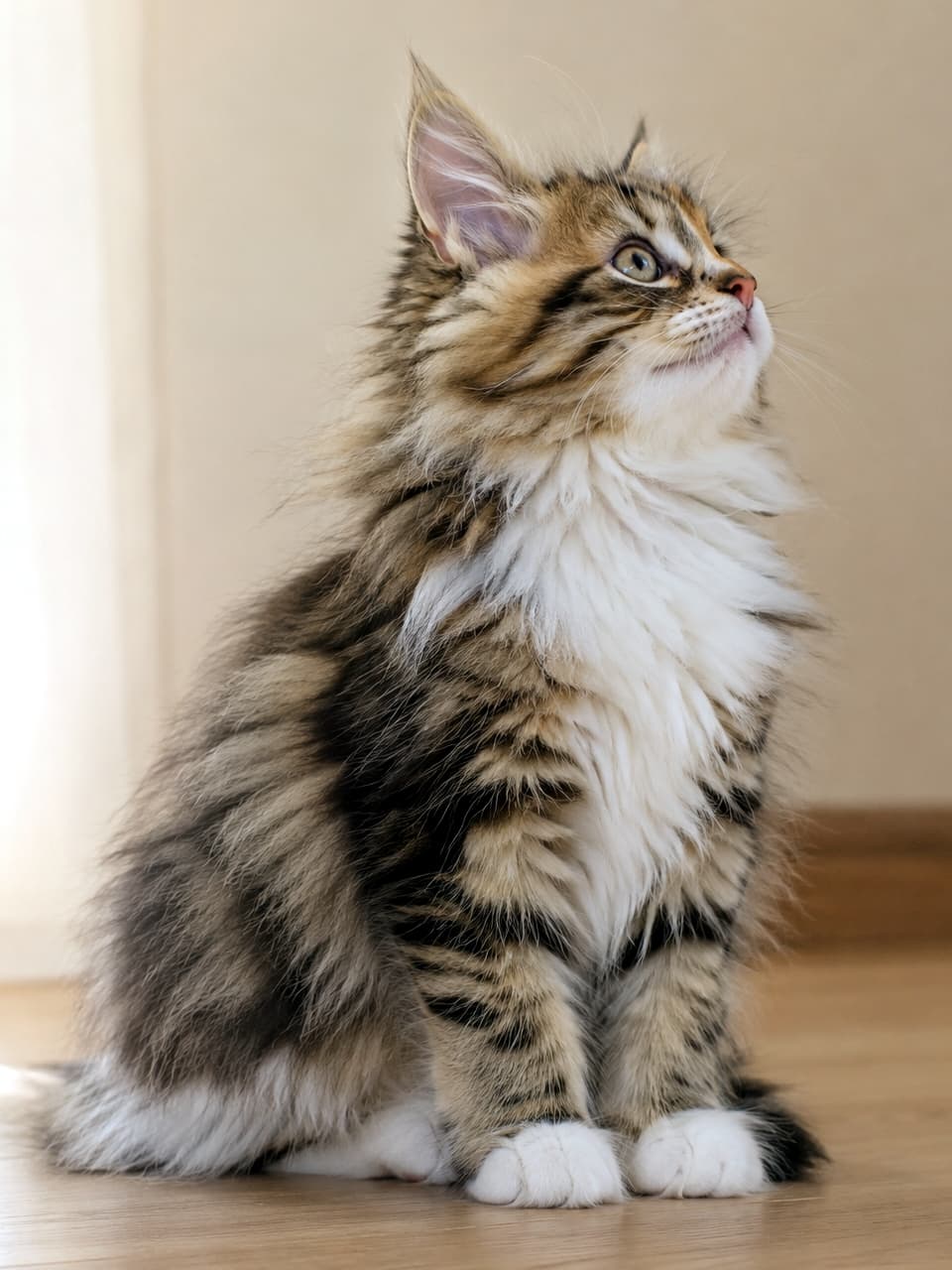 「胸元のふわもこ白毛とキラキラおめめにキュン…！🥺✨ 上を見つめるサイベリアンちゃんに癒やされちゃいます💕 #猫好き #子猫 #サイベリアン #猫のいる暮らし #猫のいる幸せ」Ultra-realistic high-quality photograph of a small long-haired Siberian kitten with a fluffy coat in brown tabby and white, sitting indoors on a wooden floor. The kitten is looking upward with a bright, curious expression under soft, warm indoor lighting. Featuring a thick white ruff around the neck, broad cheekbones, and tufted ears in crisp focus. The mouth has a slight upward curve, giving a soft, attentive look against a simple, unobtrusive background. 柔らかく温かみのある室内光に包まれ、木目のフローリングの上にちょこんと座りながら好奇心いっぱいに右上を見上げるサイベリアンの子猫。温かみのあるブラウンタビー（キジトラ）と清潔感のある白い被毛が美しく調和し、胸元にはサイベリアン特有の豊かでふわふわとした白い飾り毛（ラフ）が広がっています。耳先には愛らしいタフト（飾り毛）があり、凛と立った片耳がシャープに結像しています。口元が少し上向きにカーブした微笑むような優しい表情と、ヘーゼルグリーンの澄んだ瞳が印象的で、シンプルで目立たない背景に対して子猫の横顔と全身のシルエットがくっきりと美しく描写されています