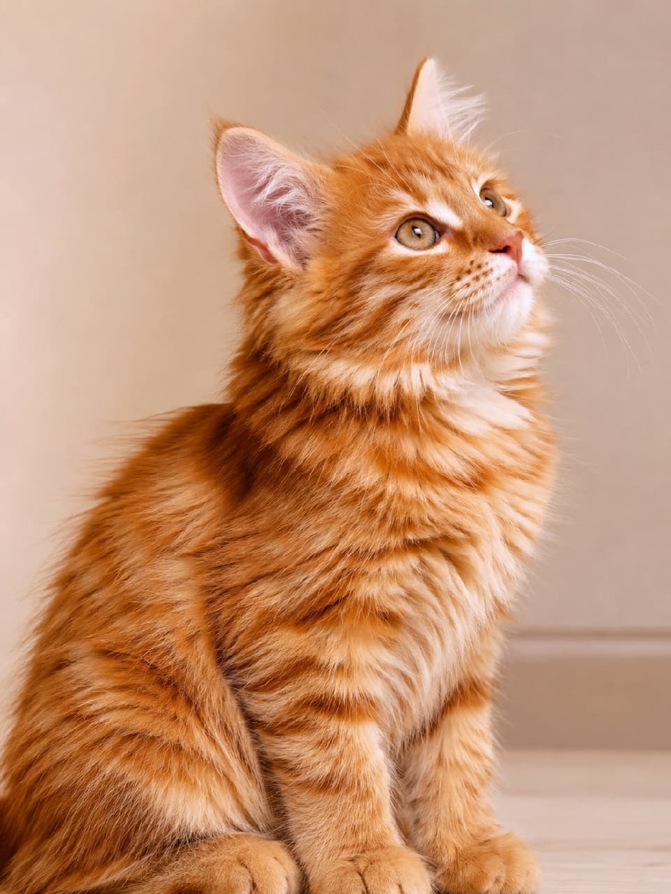 「陽だまり色のふわふわボディとキラキラおめめ…！見つめる表情に胸キュンが止まりません🧡✨ #サイベリアン #子猫 #茶トラ」Ultra-realistic high-quality photograph of a small Siberian kitten with bright red tabby long fur, sitting indoors and looking upward with a curious expression. Features hazel eyes, prominent ear tufts, a thick ruff, and a detailed profile view against a simple, soft-lit background. 柔らかな室内光の中、座って好奇心いっぱいに右上を見上げるレッドタビー（茶トラ）のサイベリアン子猫。鮮やかなオレンジの長毛と綺麗な縞模様、首周りの豊かな飾り毛が印象的です。澄んだヘーゼル調の瞳、ピンと立った大きな耳、微笑むような口元を持つ横顔プロファイル。シンプルな背景に美しい毛並みのシルエットが映えています