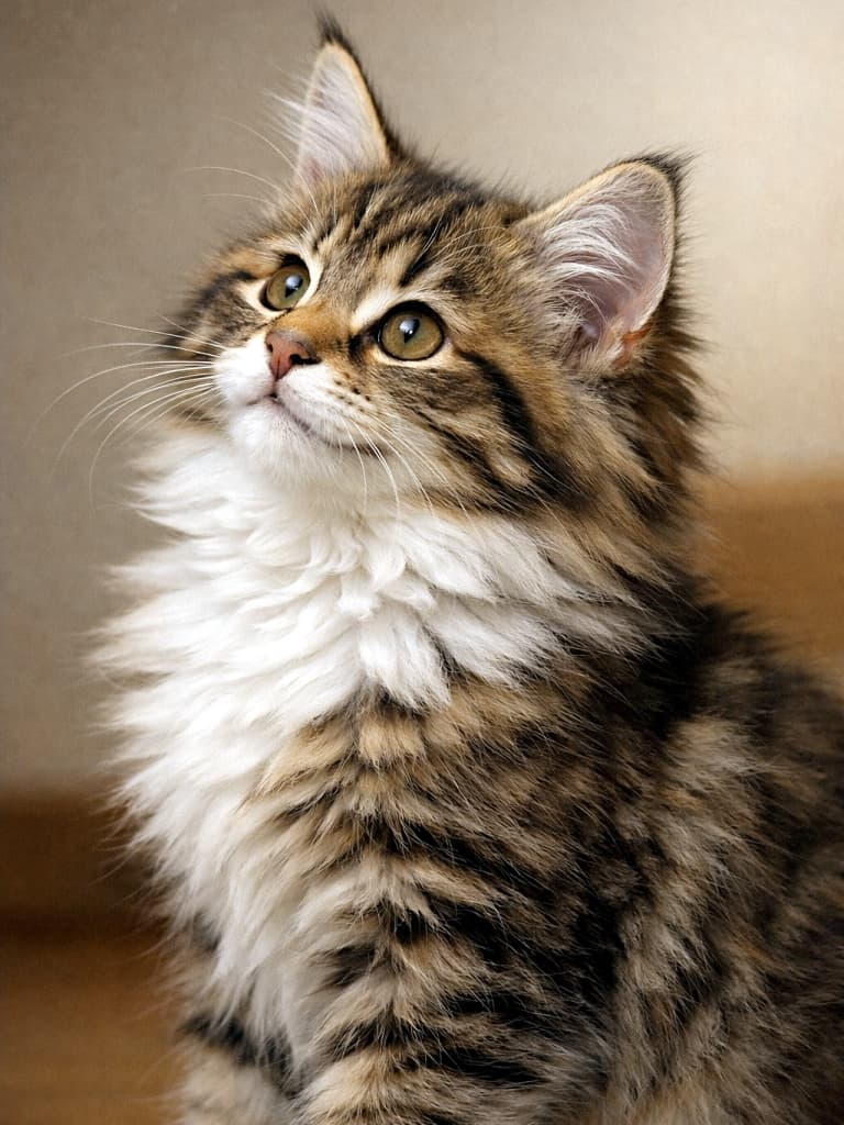 A small long-haired Siberian kitten with a fluffy brown tabby and white coat sits indoors, looking upward with a bright and curious expression. One ear stands tall in sharp focus, while the other ear is naturally visible. The kitten’s thick neck ruff, tufted ears, and detailed realistic fur are highlighted against a simple, warm indoor background. 室内で座り、明るく好奇心に満ちた表情で上を見上げる、茶トラ白の長毛サイベリアンの子猫。片方の耳がはっきりと立ち、もう片方の耳も自然に見えている。首周りの豊かな毛並みや房毛のある耳、サイベリアン特有のリアルでふわふわした被毛が、シンプルで暖かみのある背景の中で際立っている