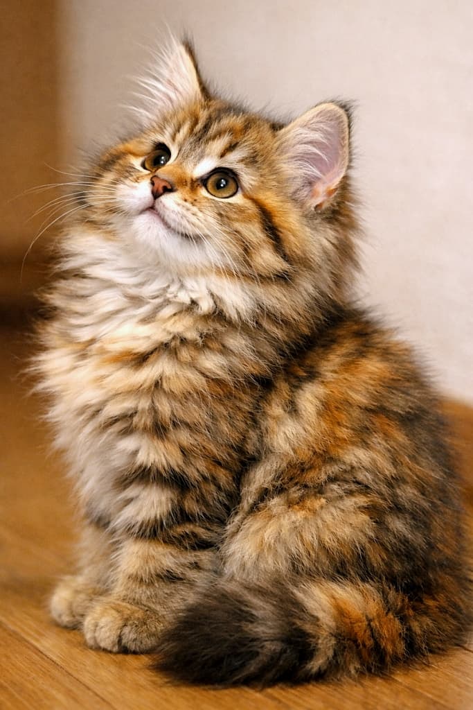 A fluffy Siberian kitten with a dense long double coat sits indoors, looking upward with a bright and curious expression. The kitten has mixed orange, black, and cream fur with subtle stripes, one tufted ear standing tall, and warm soft lighting highlighting its thick neck ruff and fluffy tail. 室内で座り、明るく好奇心に満ちた表情で見上げる、長く密なダブルコートを持つサイベリアンの子猫。オレンジ・ブラック・クリームが混ざった毛色に淡い縞模様があり、房毛のある片耳が立ち、首元の豊かなラフとふわふわの尻尾が暖かい室内光に照らされている