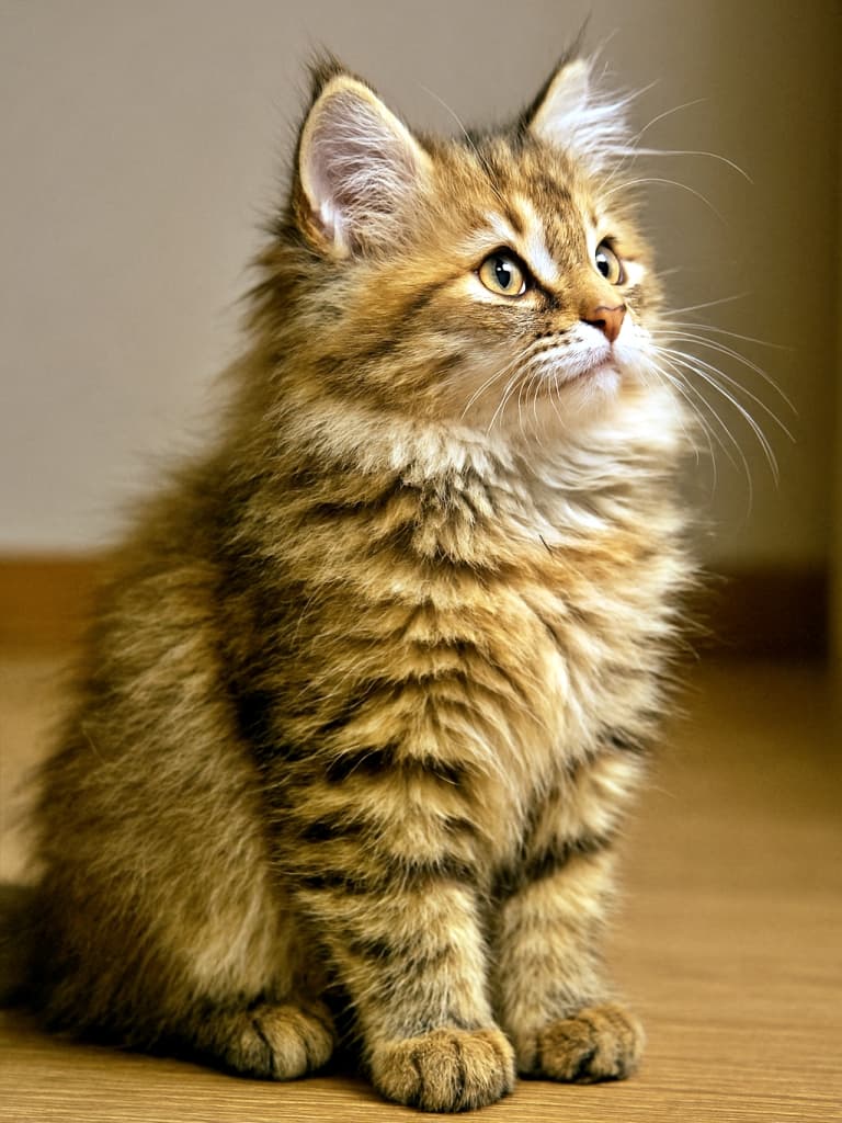 Fluffy Siberian kitten with orange, black, and cream fur sitting indoors, gazing upward with curiosity. オレンジ・黒・クリーム色の毛並みを持つふわふわのシベリアン子猫が室内で座り、好奇心いっぱいに見上げている様子