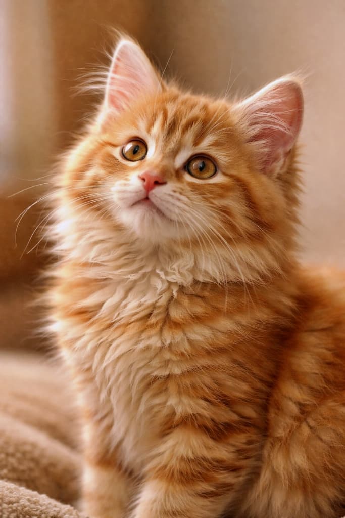 A fluffy red tabby Siberian kitten sitting indoors, shown in a clear side profile, looking upward with a bright and curious expression under soft warm lighting. 室内で座り、明るく好奇心いっぱいの表情で上を見上げる、赤茶トラの長毛シベリアン子猫の横顔