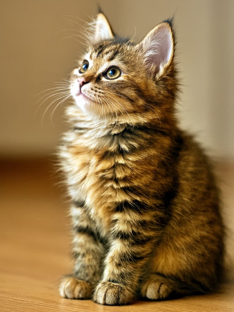 「ふわふわの胸毛がまるでマフラーみたい！好奇心いっぱいのシベリアン子猫、見上げる瞳がキラキラしてるね♪」A photorealistic Siberian kitten with long fluffy fur and a thick ruff, tortoiseshell tabby coat of warm browns, oranges, and creams with tabby stripes. The kitten sits indoors, looking upward with a curious bright expression. One ear stands tall in crisp focus, the other naturally visible. The mouth curves slightly upward, giving a soft attentive look. Full side profile of head and upper body is unobstructed, with soft warm indoor lighting and a simple background. フワフワの長毛と厚い胸毛を持つシベリアン子猫。毛色はトーティシェルタビーで、茶色・オレンジ・クリームが縞模様で混ざり合う。室内で座り、明るく好奇心に満ちた表情で上を見上げている。片耳はくっきりと立ち、もう片耳も自然に見える。口元はわずかに上がり、柔らかく注意深い印象。頭部と上半身の横顔がはっきり見え、暖かい室内照明とシンプルな背景
