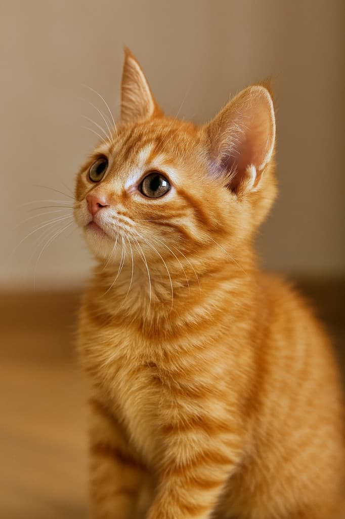 A kitten intended to be a Siberian Red Tabby, but due to Copilot’s misinterpretation it appears as a short-haired ginger tabby. The kitten sits indoors, looking upward with a curious expression, one ear prominently upright, warm lighting highlighting its fur. 本来はサイベリアンのレッドタビー子猫だが、Copilotの誤解により短毛の茶トラとして生成された画像。室内で座り、好奇心に満ちた表情で上を見上げている。片耳がはっきり立ち、柔らかな室内光が毛並みを照らしている