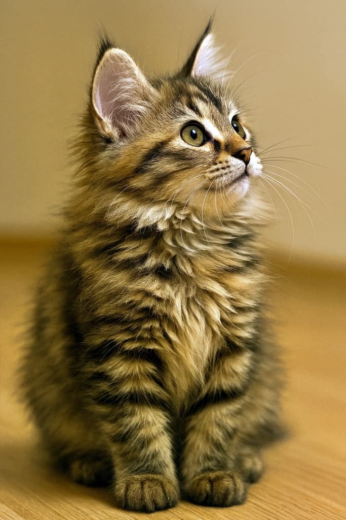 A fluffy long-haired Siberian kitten with mostly brown tabby markings and only slight Torbie coloration sits indoors, looking upward with a curious expression. One ear stands tall in crisp focus, while the other is softly visible. The kitten’s thick ruff, tufted ears, and detailed fur texture are highlighted by warm indoor lighting against a simple background. ふわふわの長毛で、ほぼキジトラ柄に近く、わずかにトービー模様が混じるシベリアン子猫が室内で座り、好奇心に満ちた表情で上を見上げている。片耳はくっきりと立ち、もう片方は自然に見えている。厚い首まわりの毛、耳の房毛、繊細な毛並みが、暖かい室内光とシンプルな背景に映えている
