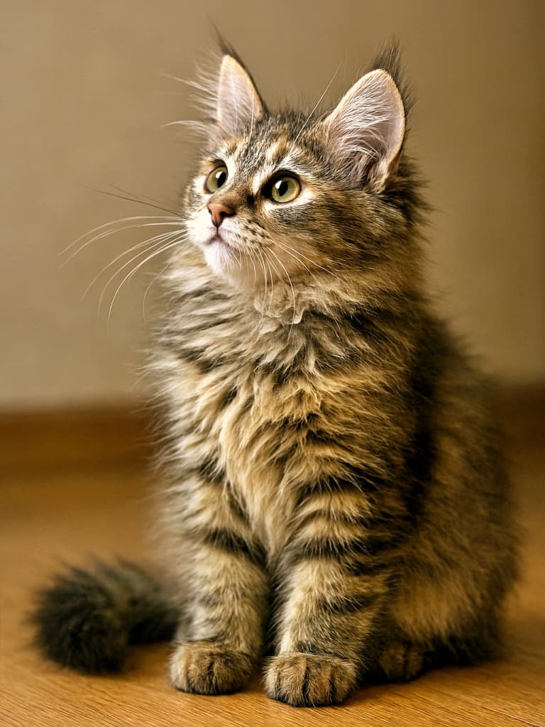 「ふわふわの毛並みで好奇心いっぱい！見上げる姿がたまらなくかわいいシベリアン子猫」A photorealistic Siberian Torbie (Tortoiseshell Tabby) kitten, long-haired, sitting indoors under warm light. The kitten gazes upward with a curious expression, fluffy fur flowing around cheeks, neck, chest, and tail. One ear stands tall in crisp focus, the other naturally visible. The side profile of the head and upper body is unobstructed, with gentle shadows against a simple background. 室内の柔らかな光に照らされたシベリアンのトービー（サビ柄タビー）の長毛子猫。ふわふわの毛が頬・首・胸・尻尾に流れるように広がり、好奇心いっぱいに上を見上げている。片耳はくっきり立ち、もう片方も自然に見えている。頭部と上半身の横顔が遮られず、シンプルな背景に柔らかな影が落ちている